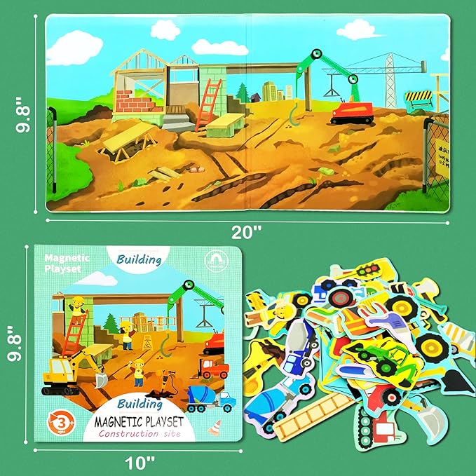 Construction Site Fridge Magnets for Toddlers, 50 PCS Refrigerator Magnets for Kids, Create a Scene Magnetic Play Sticker Book Travel Game Educational Toys for Kids