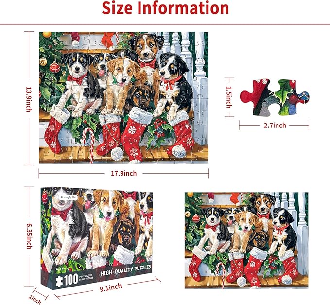 Christmas Puzzle 100 Piece Puzzles for Kids, Christmas Dogs Puzzle 100 Pieces Christmas Puppies Puzzle 100 Piece Puzzles for Adults Christmas Puzzle Puppies Puzzles for Kids Ages 6-10 Brain Teaser