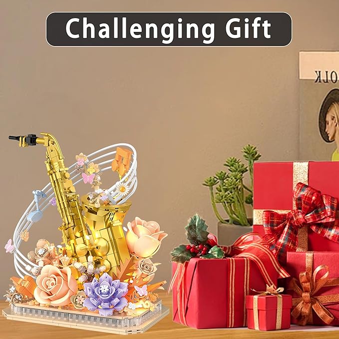 Mini Building Blocks Sets Flower Saxophone - 1000+PCS Musical Instrument Micro Building Bricks Kit Toy - Creative Ideals, Collectible Architecture Decoration, Gift for Adults(Saxophone Flower)