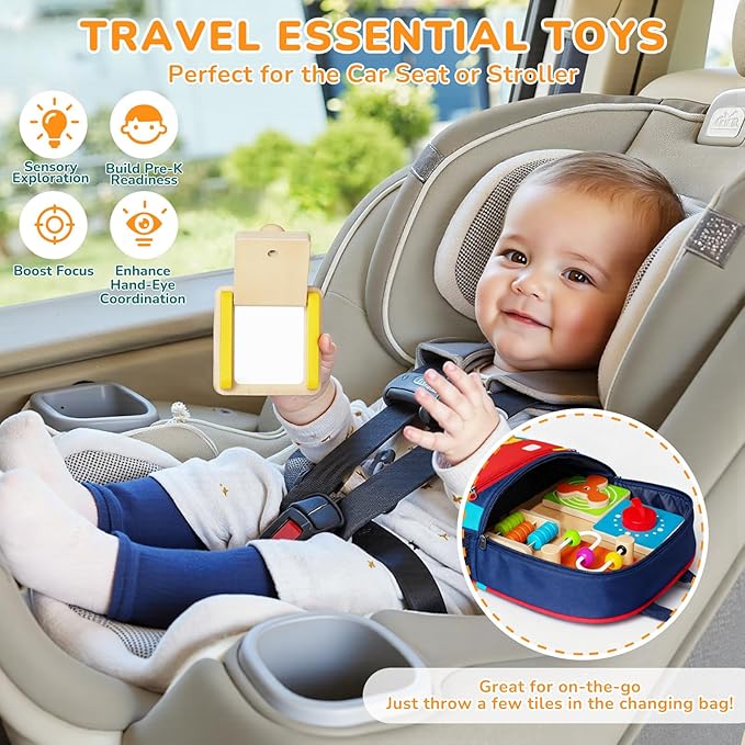 Montessori Busy Board for 1 Year Old, Modular Sensory Toys for Toddlers, Activity Board Toys for Fine Motor Skills, Airplane Car Travel Toys for Baby, Educational Toys for Boy & Girl, Birthday Gifts