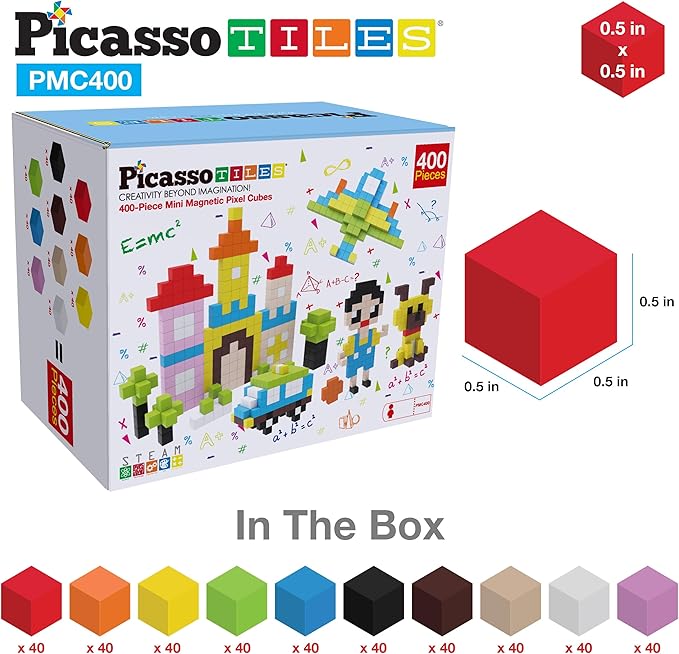Picasso Cubes 0.5” Pixel Magnetic Puzzle Cube 400 Piece Mix & Match Sensory Toys STEAM Education Learning Building Block Magnets Children Construction Toy Set Stacking Magnet Creative Kit PMC400