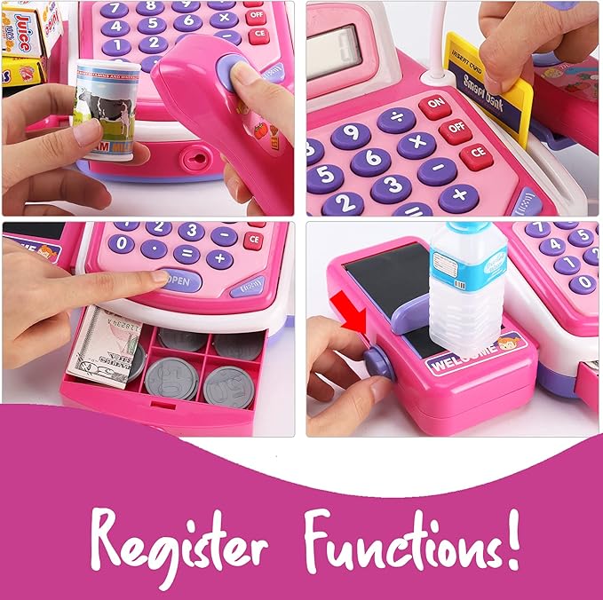 Pretend Play Pink Cash Register Toy - Learn & Play Shopping Kids Toys with Electronic Mic, Scanner, Calculator, Play Food, Fake Money and Basket
