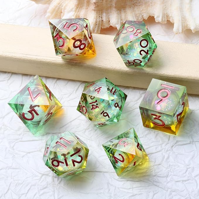 Glitter Liquid Core Sharp D&D Dice, DNDND Handmade Resin Sharp Edge DND Dice Set with Dragon Metal Gift Case for Dungeons and Dragon Tabletop Games (Liquid Yellow and Green)
