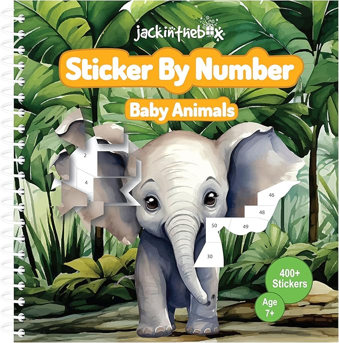 jackinthebox Sticker by Number Book, 12 Scenes Puzzle Paint by Sticker Book + Colouring Pages, Gifts for Birthday, Party Favor Toys for Girls, Arts & Crafts for Kids Age 7 8 9 10 (Baby Animals)