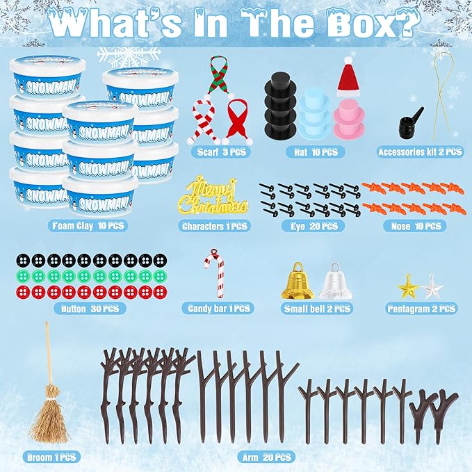 Snowman Crafts for Kids, 10 Pack Christmas Craft DIY Snowman Kit, Build a Snowman Kit Indoor Decorations, Creative Kids Air Dry Modeling Clay, Snowman Making Kit Toys Activities Party Supplies
