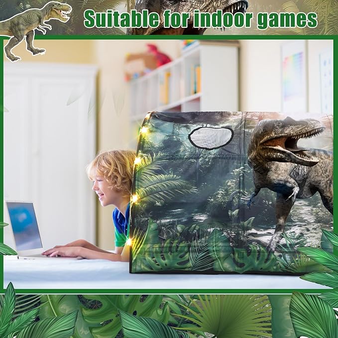 Dinosaur Bed Tent for Kids Large Kids Twin Tent Toddler Play Bed with Carry Bag Foldable with String Lights for Girls Boys Bedroom Indoor Games