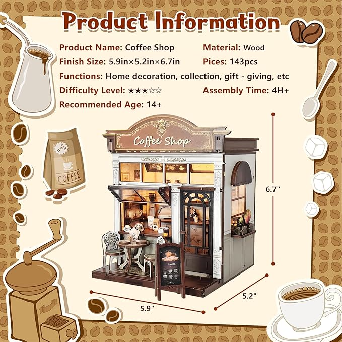 DIY Miniature House Kit, Coffee Shop Book Nook Kit, Mini Building Kit, Dollhouse Kit for Adults and Teens, 3D Wooden Puzzles with LED Light, Craft Kit for Family and Friends(Retro Coffee Shop)