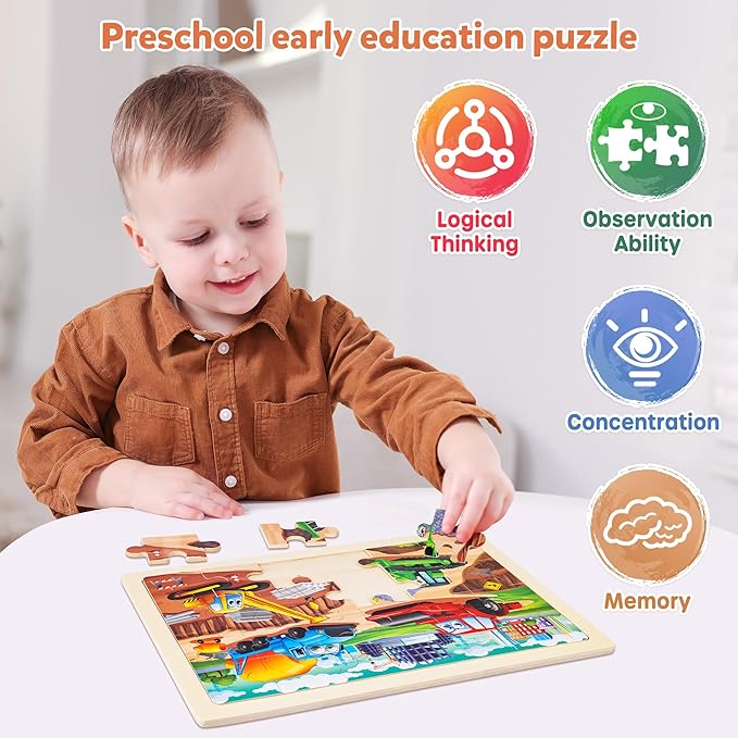 SYNARRY Large Wooden Construction Vehicle Puzzles for Toddlers 3-5, 24 Piece Monster Truck Puzzles for Kids Ages 4-6, Construction Toys for 3 4 Year Old, Kids Toys Gifts for 3 4 5 Year Old Boys Girls