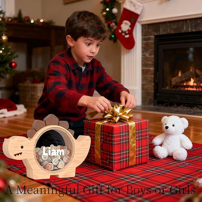 Personalized Wooden Piggy Bank for Kids, Custom Name Cute Wood Bank Large for Boys Initial Coin Bank Personalized Dinosaur Piggy Bank Wood Money Save Box for Birthday Christmas and Festival