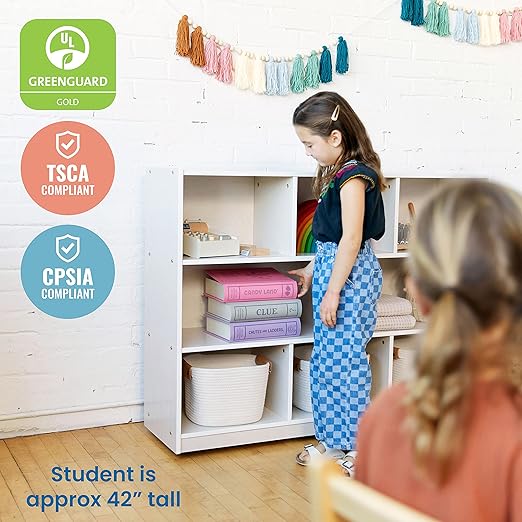 ECR4Kids 8-Compartment Mobile Storage Cabinet, 36in, Classroom Furniture, White Wash