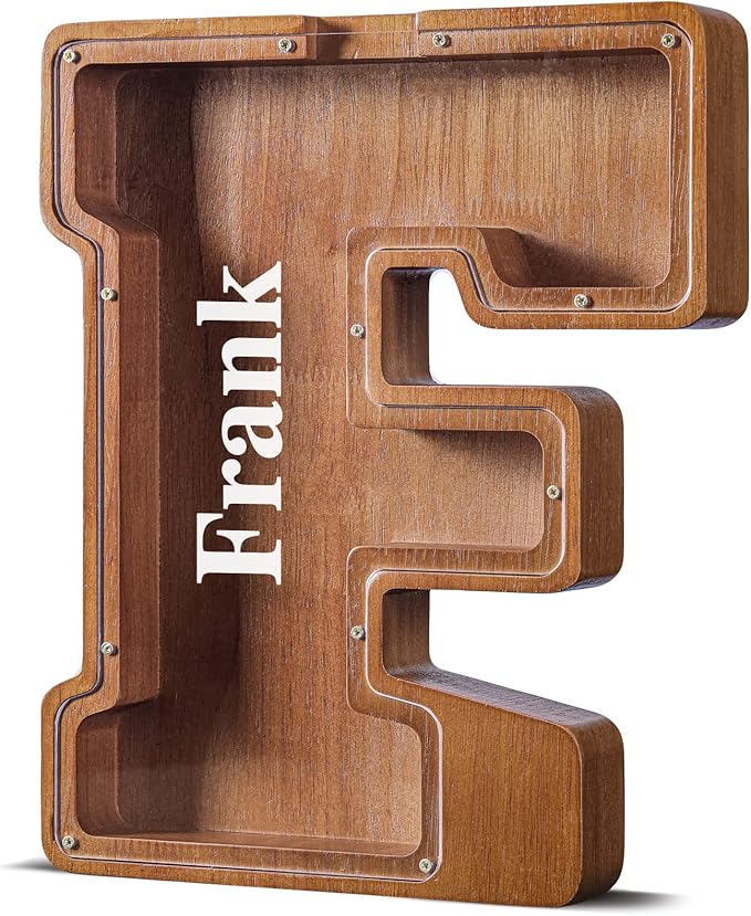 Summidate Customized Name Extra Large Wooden Piggy Bank for Kids Boys Girls Alphabets Letter A-Z Coins Bills Money Change Saving Box Clear Cover (Laser Engraved) Educational Toys 12"- Letter F
