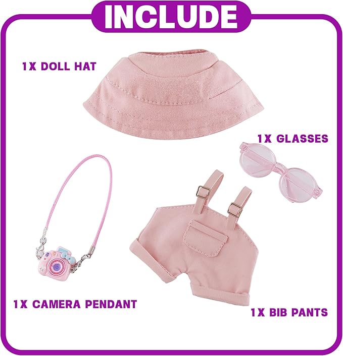 17cm Doll Clothes Set 4-Piece Outfits for Doll Pink Fashion Clothing for Plush Dolls Accessories with Glasses and Bucket Hat