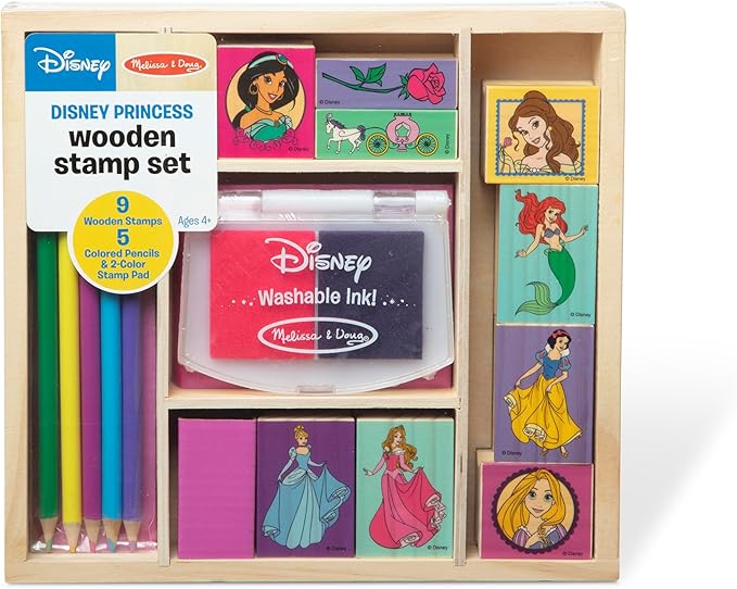 Melissa & Doug Disney Princess Wooden Stamp Set: 9 Stamps, 5 Colored Pencils, and 2-Color Stamp Pad Disney Princess Coloring, Stamps with Washable Ink, for Kids Ages 4+