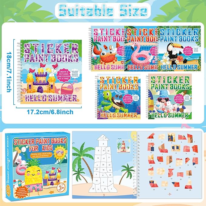 6Pcs Summer Paint by Sticker Books Hello Summer Sticker by Number Books Activity Book Puzzle Book Craft Art Gift with Crab Flamingo Turtle Toucan 48 Pictures Party Favors