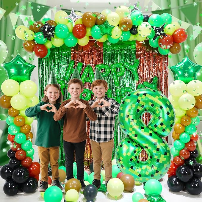 40in Pixel Giant Number 8 Balloon Birthday Decorations, Miner Theme Green Foil Balloons Blast Gaming Party Supplies