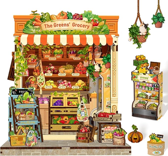 Cutefun Book Nook Kit - DIY Miniature Dollhouse Kit for Adults and Teens, Fruit & Vegetable Store Mini House Building Kit with LED Bookshelf Insert Decor Creative Gifts (The Greens’ Grocery)