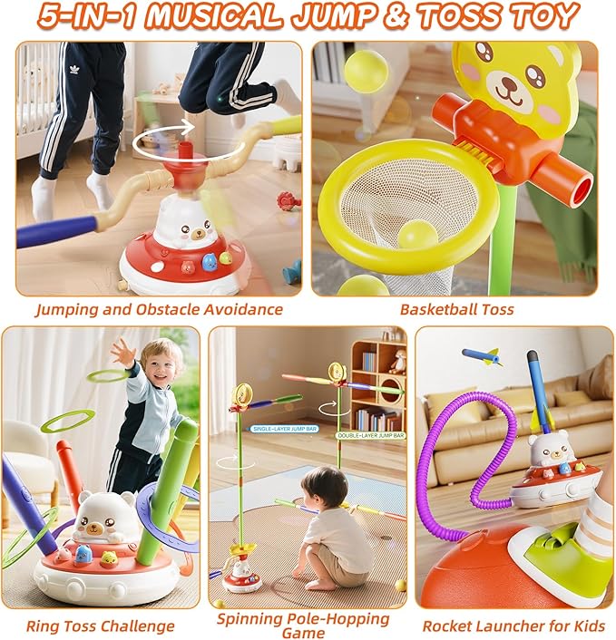 Sports Outdoors Play Set Toys - 5 in 1 Musical Jump Ring Toss Game Stomping Launch Rocket Launcher Basketball Throw for Kids - Indoor Outside Obstacle Avoidance Gifts for Toddlers Ages 4-8 8-13