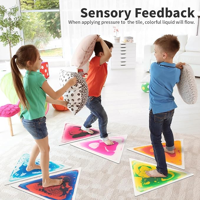 Art3d 6-Pack Triangle Liquid Sensory Floor Tiles, Colorful Liquid Fusion Play Mats for Kids Toddler, 15" x 15"