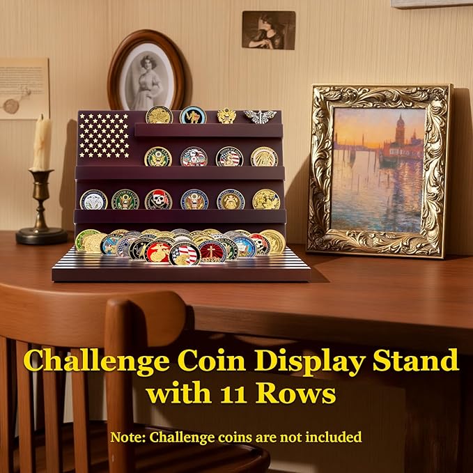 Challenge Coin Display Stand - 11 Rows Military Coins Holder Rack, Wooden Coin Collection Case for Table Top Display