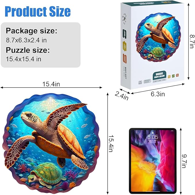 Wooden Jigsaw Puzzle 500 Pieces for Adults - Circular Sea Turtle Art Puzzle with Underwater Ocean Scene (Corals, Fish), Challenging Family Leisure Game, Unique Home Decor & Gift Idea