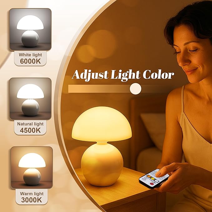 NATSUKASHI Mushroom Lamp for Bedroom - White Ceramic Mushroom Table Lamp with Remote, Dimmer & Cord Clip - Mid Century Modern Aesthetic Desk Lamp for Nightstand, Living Room, Gift Decor