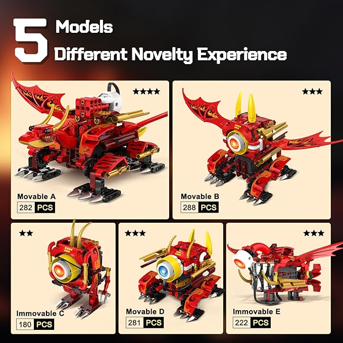 HOGOKIDS 5-in-1 Dragon Robot Building Toys with 6 Lighting Colors & 5 Light Effects - 354PCS Remote & App Control Robots Toy Set for Kids, RC Robot Building Toys Gifts for Teens Boys Girls Age 8-12