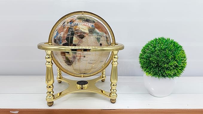 Unique Art 13" Tall 9" Diameter Pearl White Ocean Desktop 4-Leg Gold Stand Gemstone Globe
