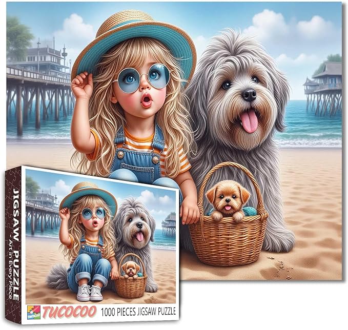 Tucocoo 1000 Piece Jigsaw Puzzle for Adults, Beach Scene with Girl, Dogs and Basket – Summer Coastal Puzzle – Whimsical and Relaxing Art Puzzles for Adults, DIY Fun Brain Challenge Gift Home Decor