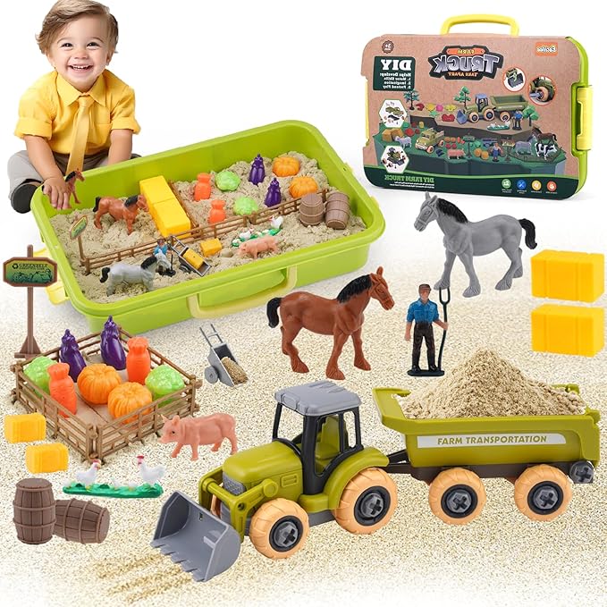Play Sand Farm Toys, Farm Sensory Bins with 2.2lb Magic Sand, Animal, Take Apart Excavator Trailer Playset, Creativity Sandbox Toys with Lid for Kids 3 4 5 6 Years Old