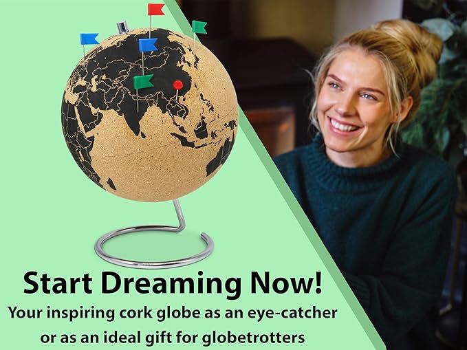 Beautiful Cork Globe with 102 Different Push Pins - Spinning Travel Globe 26cm / 10 inch High with Push Pin Made of Cork – as Travel Map & Gift Idea for Globetrotters