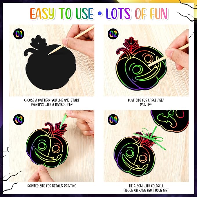 Qilery 120 Pcs Fall Halloween Scratch Paper Off Cards Magic Pumpkins Scratch Off Paper Craft Art Activities Rainbow Black Fun for Thanksgiving Party Ornaments DIY Education Game(Pumpkins)