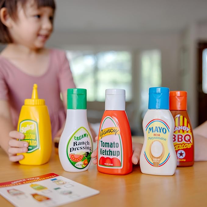 Melissa & Doug 5-Piece Favorite Condiments Play Food Set Play Ketchup and Mustard Bottles, Pretend Food Set for Kids Ages 3+