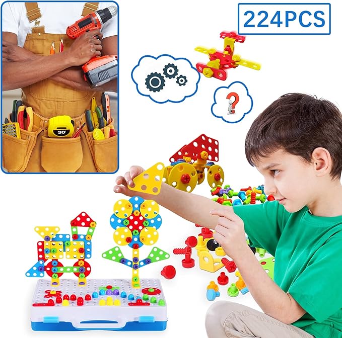 STEM Building Toys for Kids Ages 4-8 | 224-Piece STEM Drill & Build Kit with Screwdriver, Pegboard | Educational Toys for 5+ Year Old Boys Girls | Gift for Birthdays