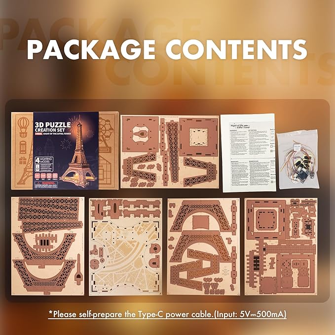 ROBOTIME 3D Puzzle for Adults DIY Model Building Kit with LED Light Wooden Eiffel Tower Craft Kit Architecture Toy Set Brain Teaser Gifts for Friend