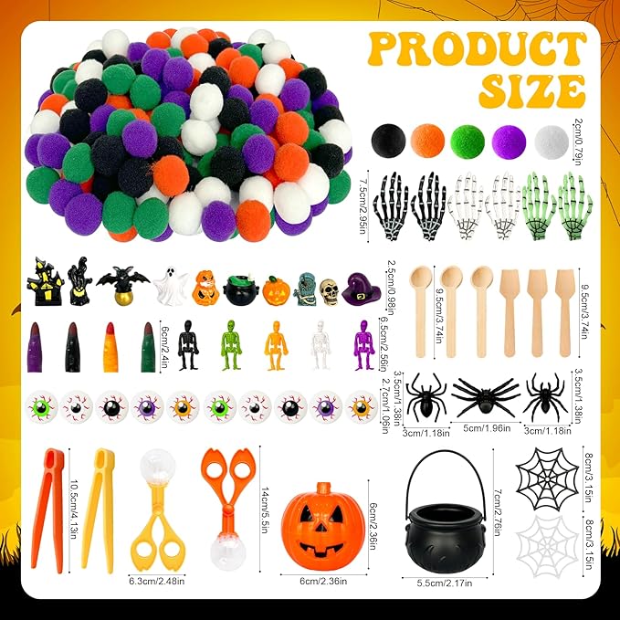 243 Pcs Halloween Sensory Bin Filler Sensory Bin Items Fine Motor Tools Counting Sorting 150 Pom Pom 75 Resin Pumpkin Witch Hat Skeleton Hand Ghost for Halloween Sorting Counting Training