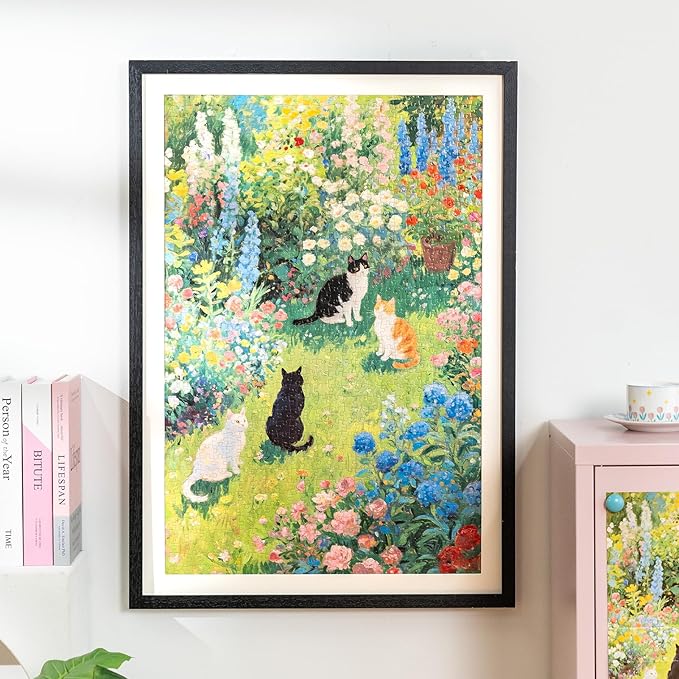 MOMIBOOK Puzzles for Adults 1000 Pieces Jigsaw Puzzles of Floral Cats' Chat Gathering, Oil Painting Image Difficult Challenging Hard Impossible Puzzle Unique Funny Party Christmas Birthday Gifts