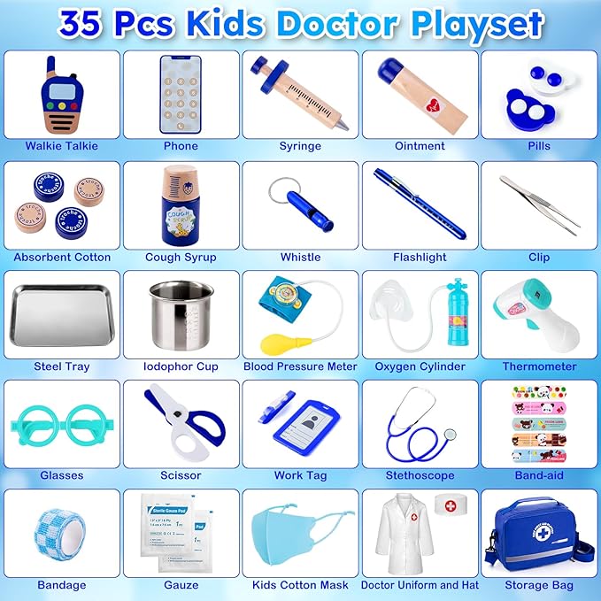 Doctor Kit for Kids, 35 Pcs Kids Doctor Kit for Toddlers 3-5 with Medical Storage Bag & Real Stethoscope, Pretend Play Doctor Set for Fun Role Playing Game (888)