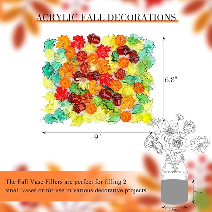DomeStar 120PCS Fall Decorations Acrylic Pumpkin, Fall Sensory Bin Filler Vase Gems Plastic Leaves Acorns Maple Leaves for Crafts Thanksgiving Decor