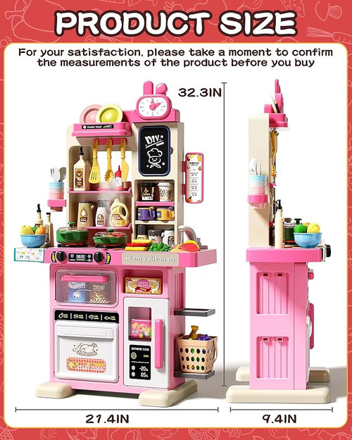 33.8IN Kids Kitchen Playset, 63 PCS Kid Play Kitchen with Realistic Lights & Sounds, Spray Sink Toy Kitchen Accessories, Pretend Food Toys Kitchen for Boys Girls Toddlers(Pink)