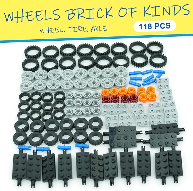 Wheels and Axles Set Tires, 118pcs City Car Parts Kits, Vehicle Truck Parts Classic Pieces Accessories, Construction Bulk Bricks Building Blocks Toys