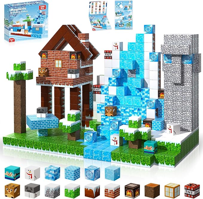 Magnetic Blocks - 100PCS Magnetic Building Blocks Glacier Castle, STEM Montessori Sensory Toys for Toddlers Kids Boys Girls Ages 3 4 5 6 7 8 9 10 Holiday Easter Birthday Gifts