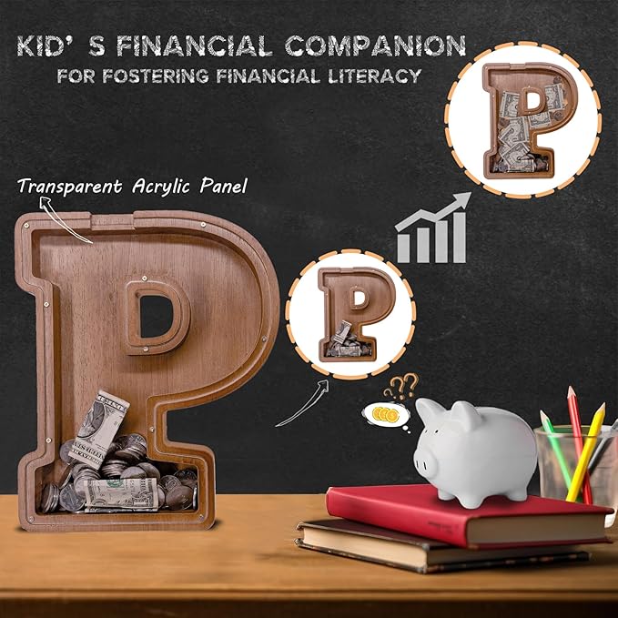 Wooden Letter Piggy Bank for Kids Larger Letter Piggy Bank for Boys and Girls Personalized Piggy Bank Initial Coin Bank Wood Kids Money Bank for Birthday and Festival