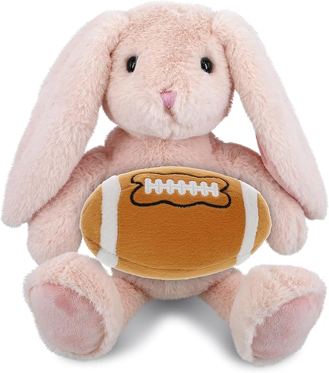 DolliBu Baby Pink Rabbit Stuffed Animal with Football Plush - Soft Huggable, Playtime Plush Toy, Cute Farm Life Gift, Plush Doll Animal Toy for Kids and Adults with Name Personalization - 8 Inches