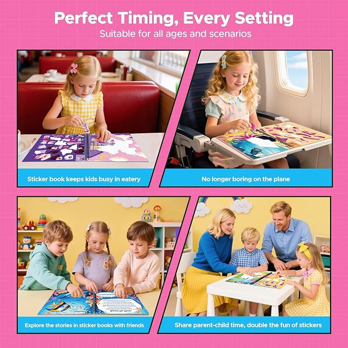 4PCS Paint by Number Sticker Book Travel Activities Essentials Toys for Girls Kids - Road Trip & Airplane & Long Car Rides, Birthday Present, Preschool Classroom Party Gifts