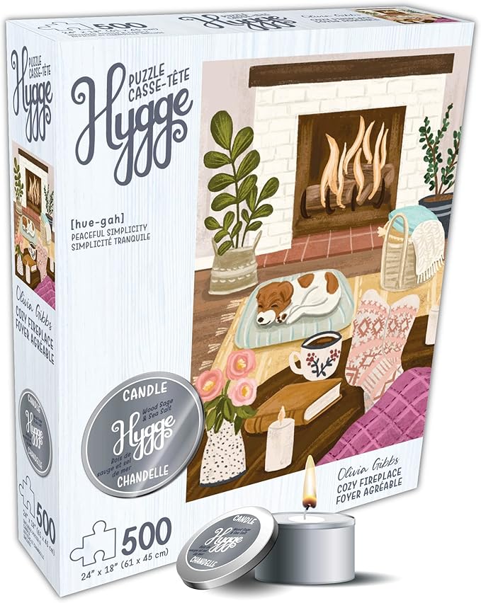 500 Piece Puzzle for Adults Hygge Collection Cozy Fireplace by Olivia Gibbs Blueboard Puzzle Jigsaw + Bonus Candle KI Puzzles from Playview