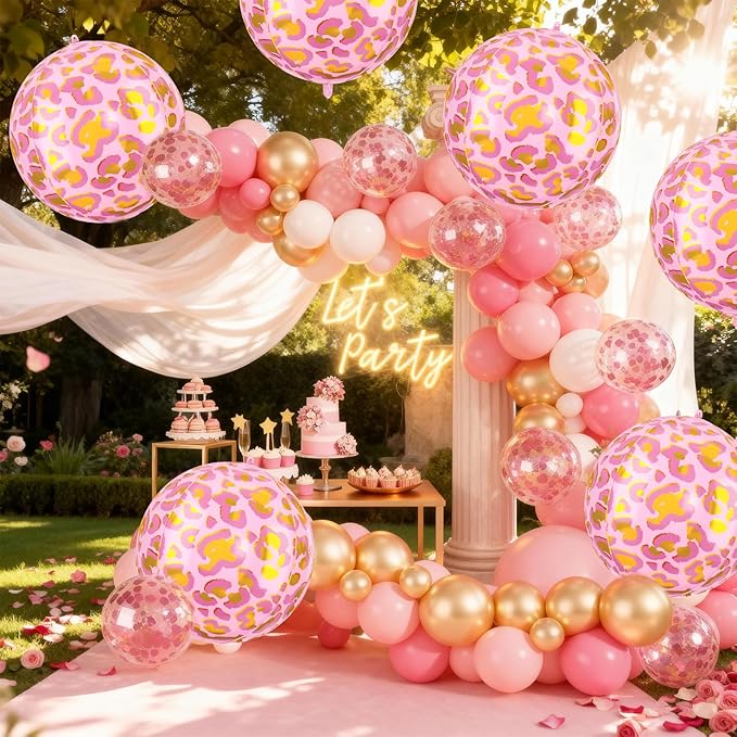 6Pcs 22 Inch Pink Leopard Print Foil Balloons, Large Metallic Round Animal Print Balloons for Jungle Safari Theme Birthday Party Decorations