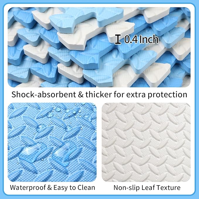 Foam Play Mat for Baby, 0.4 Inch Thick Foam Interlocking Floor Mats, Soft Non-Toxic Baby Playmat, Solid Colored Puzzle Play Mat Kids Floor Mats for Toddler, 16 Tiles(White/Light Blue/Blue)