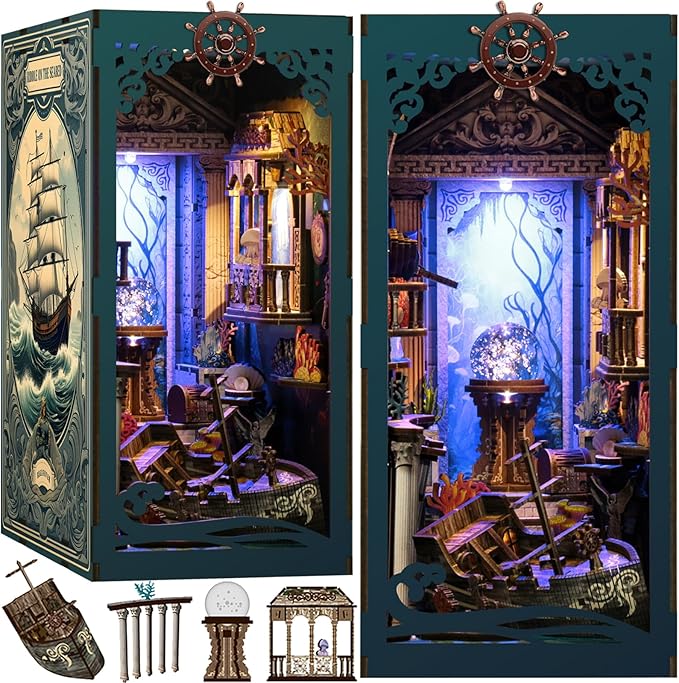 [2025 New] Sea Maze Book Nook Kit with Dust Cover & LED Light, DIY Miniature House Kit Toy, 3D Wooden Puzzle Bookshelf Decor Building Kit, Birthday Gifts for Family & Friends