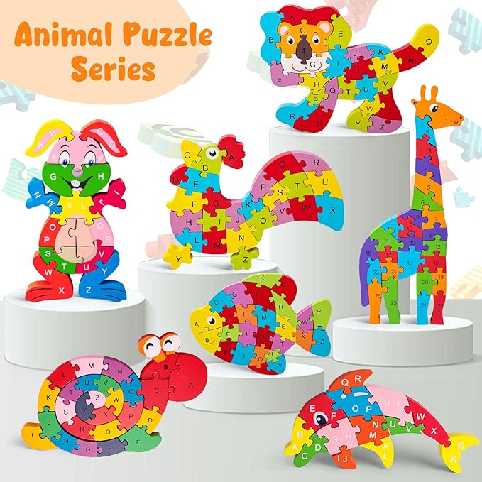 LovesTown Wooden Puzzle for Toddlers, Educational Alphabet and Number Jigsaw, Building Blocks for Preschool Learning, Dolphin Theme, 26 PCS