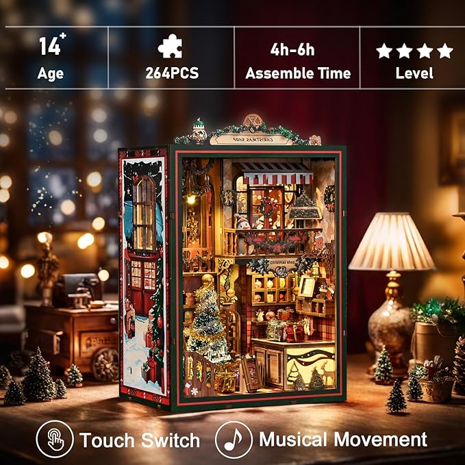 Christmas Shop,Book Nook Kit for Adults: Wooden 3D Puzzle DIY Miniature House Kit Tiny House with Lights and Music，Dollhouse Craft for Adults, Teens & Beginners，Gift for Family, Friends